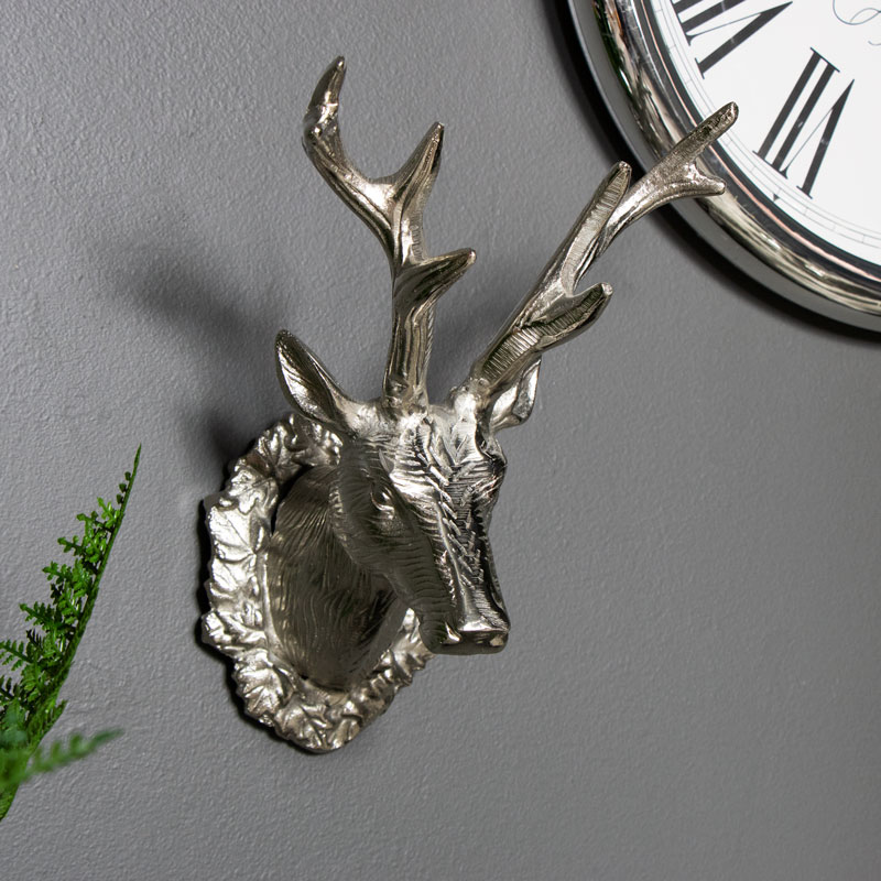 Silver Ornate Wall Mounted Metal Stags Head