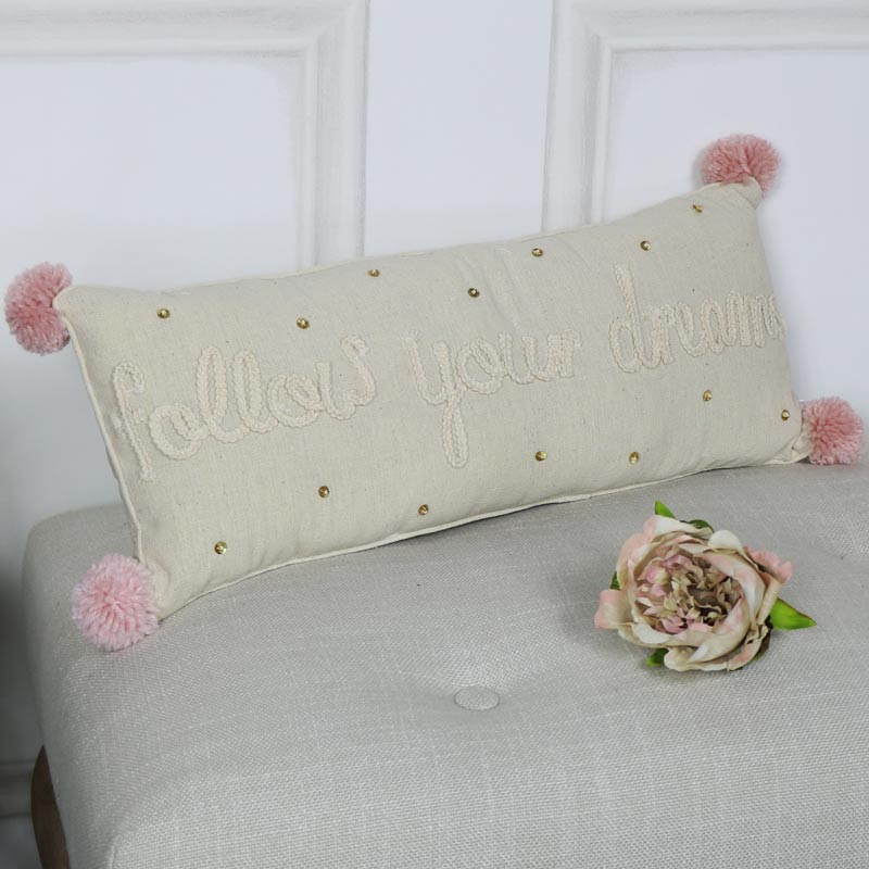 Small Beige Pom Pom Bolster Cushion