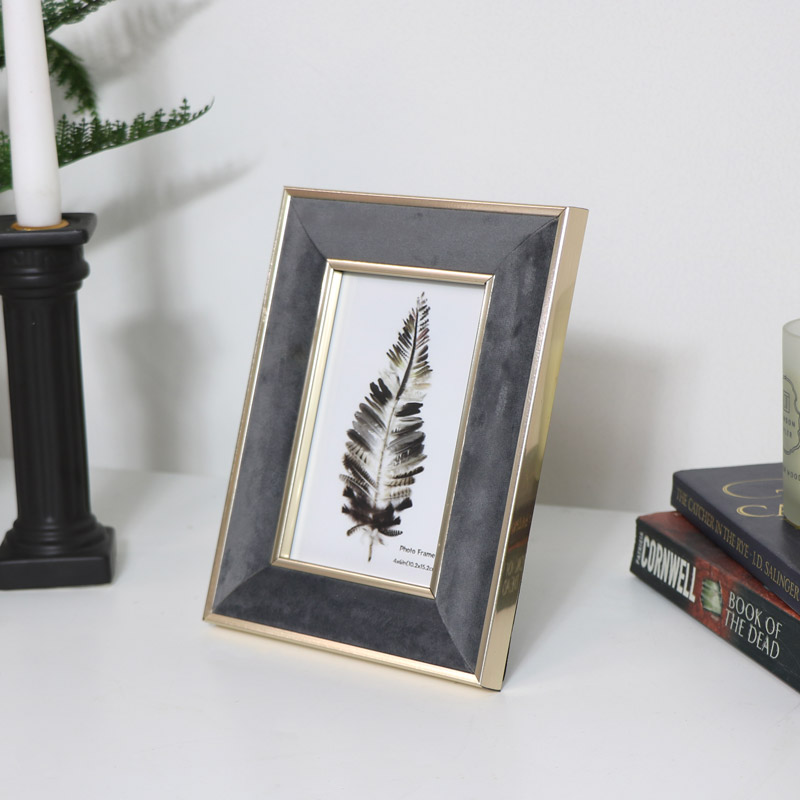 Small Grey Velvet & Gold Photo Frame