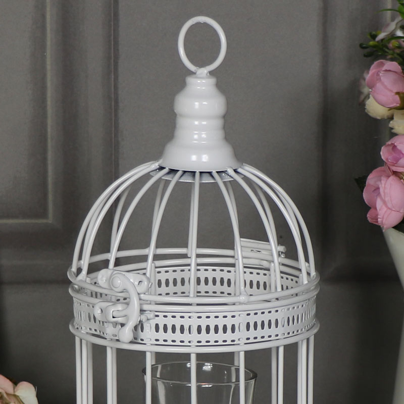 Small Ornate Antique White Birdcage Lantern Candle Holder