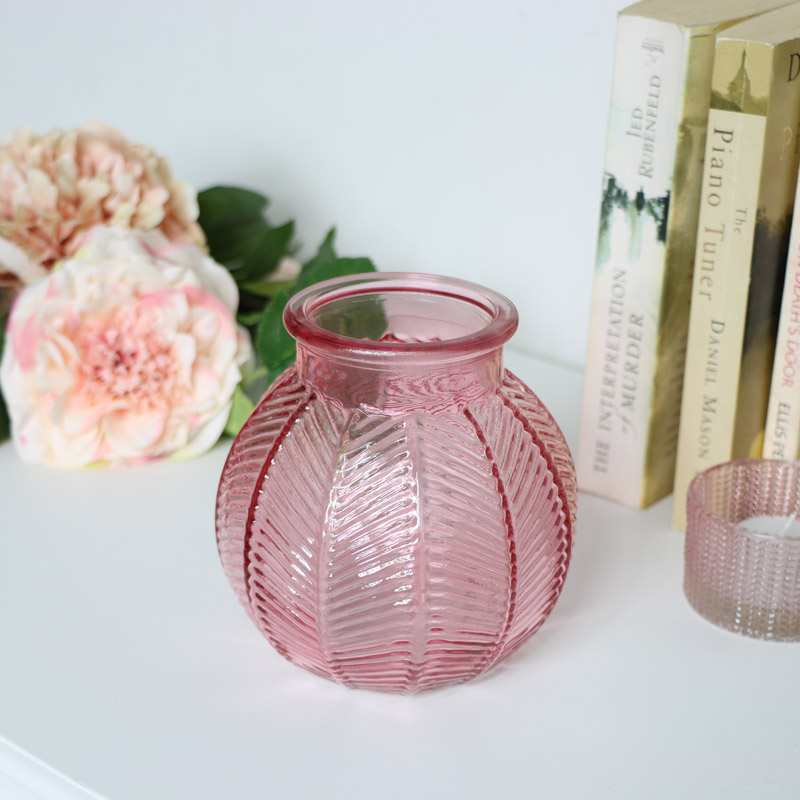 Small Pink Leaf Print Glass Vase 