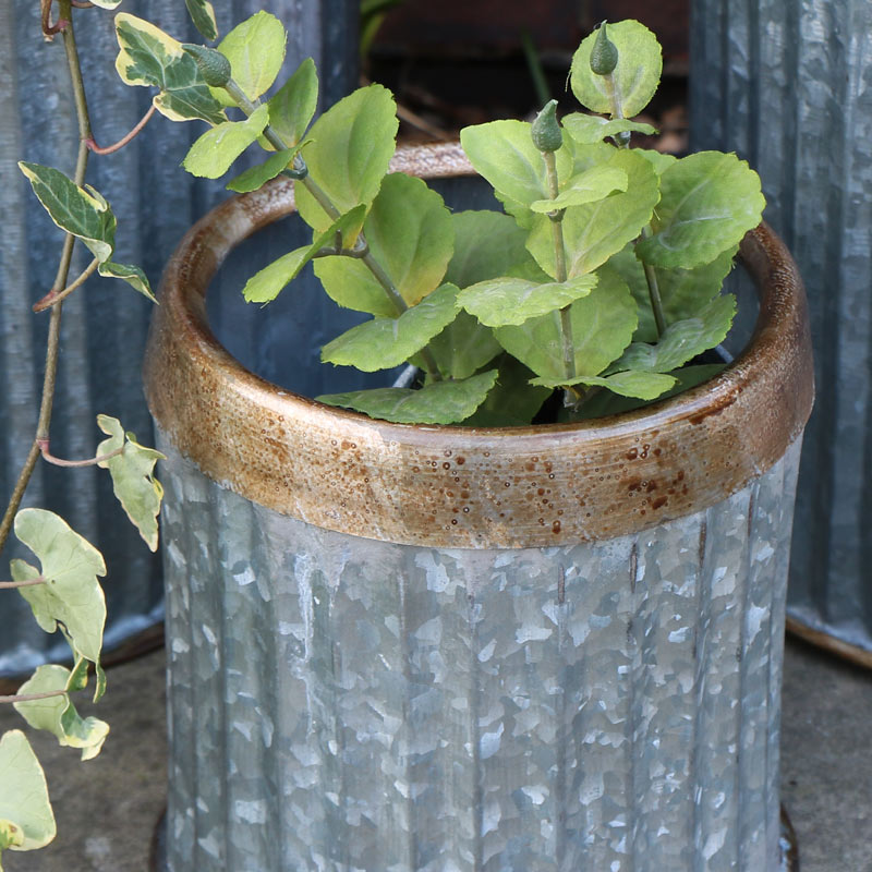 Small Round Grey Metal Industrial Style Planter