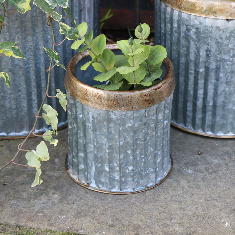 Small Round Grey Metal Industrial Style Planter