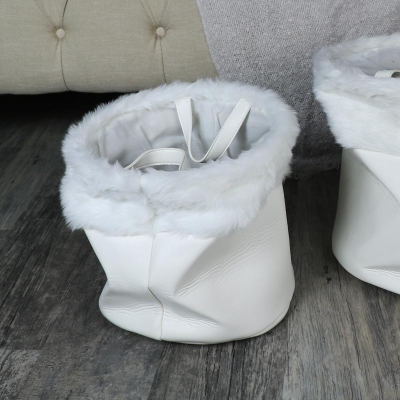 Small White Faux Fur/Leather Laundry Storage Basket