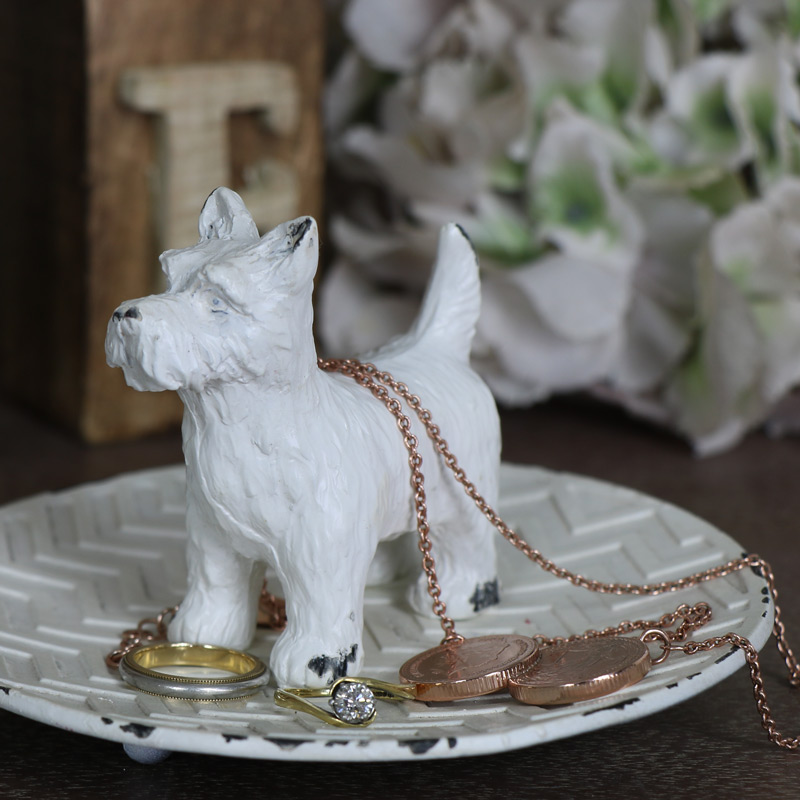 Small White Metal Scottie Dog Jewellery Tray
