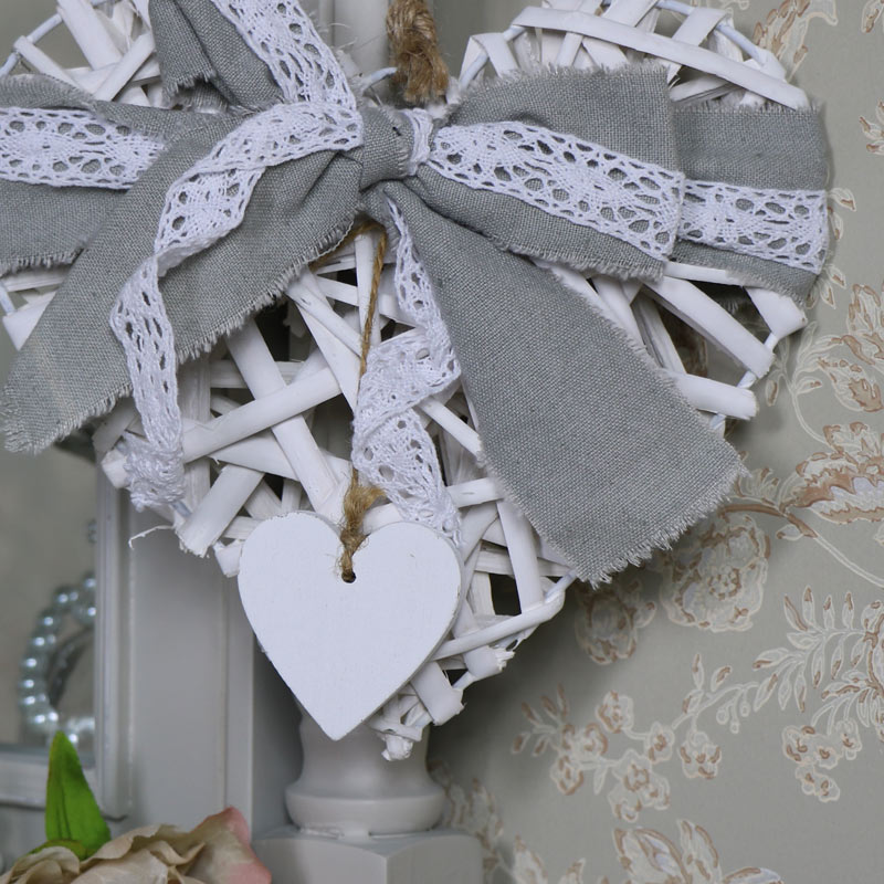 Small White Wicker Heart with Lace Bow