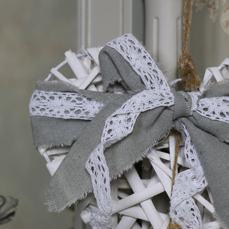 Small White Wicker Heart with Lace Bow