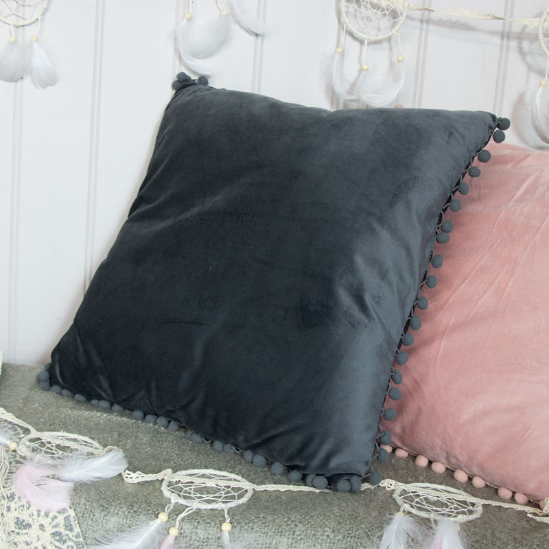 Grey Velvet Pompom Cushion