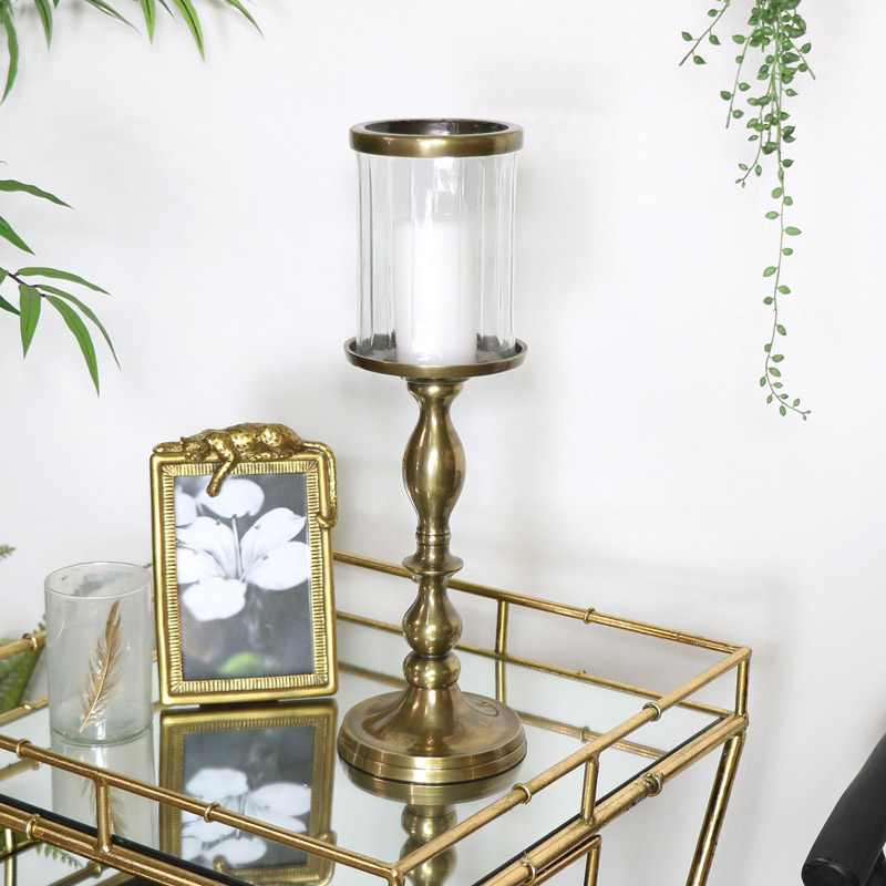 Tall Gold Metal & Glass Candle Holder