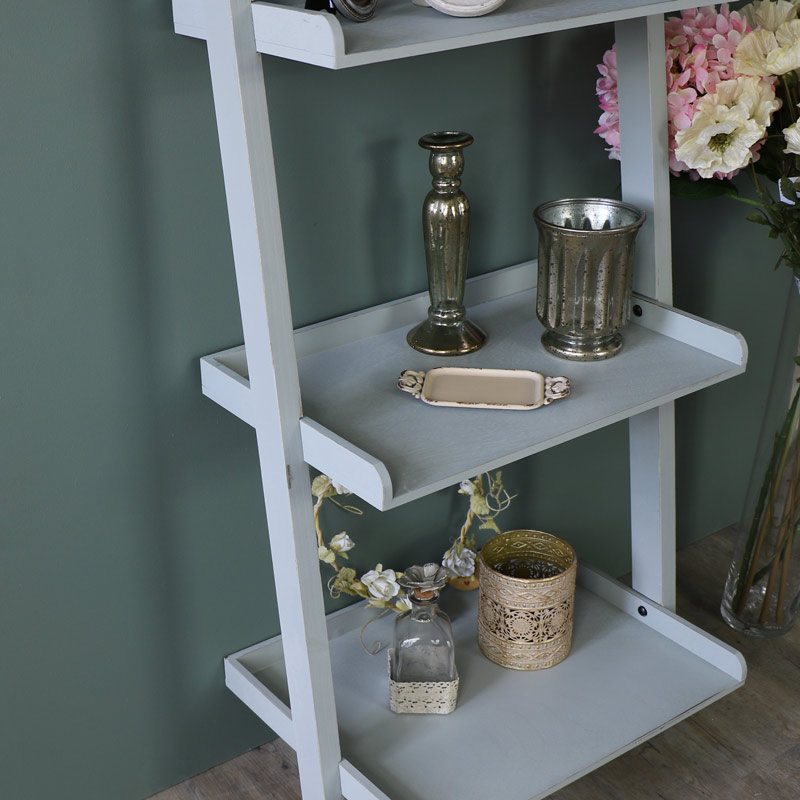 Tall Grey Wooden Ladder Style Bookcase Display Shelves