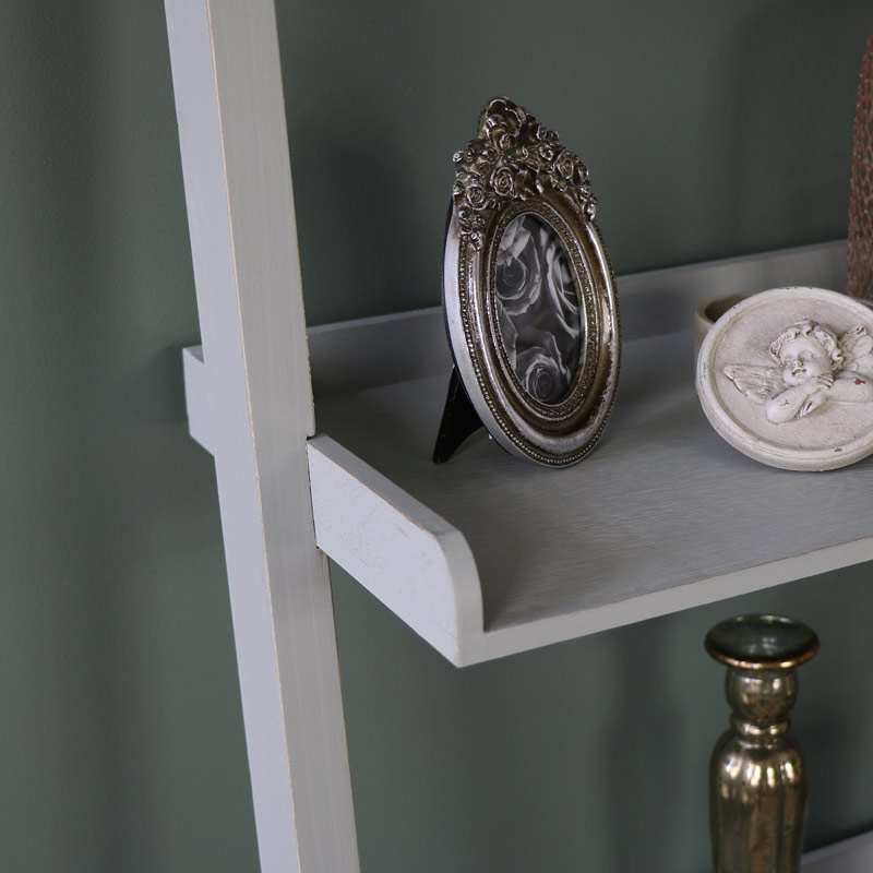 Tall Grey Wooden Ladder Style Bookcase Display Shelves