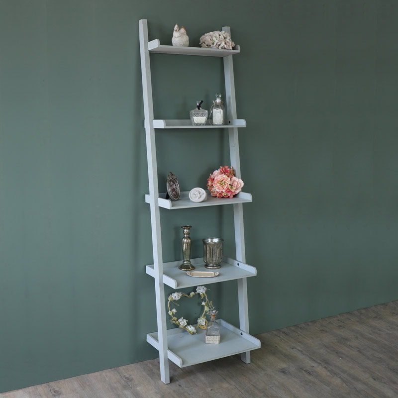 Tall Grey Wooden Ladder Style Bookcase Display Shelves