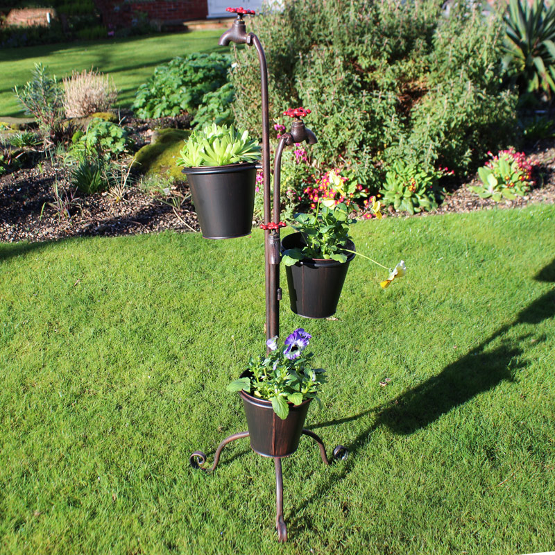 Tall Metal Tap Triple Garden Planter with Plant Pots