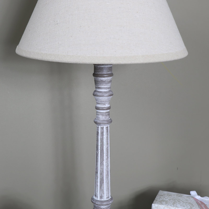 Tall Ornate Vintage Brown White Washed Wooden Table Lamp