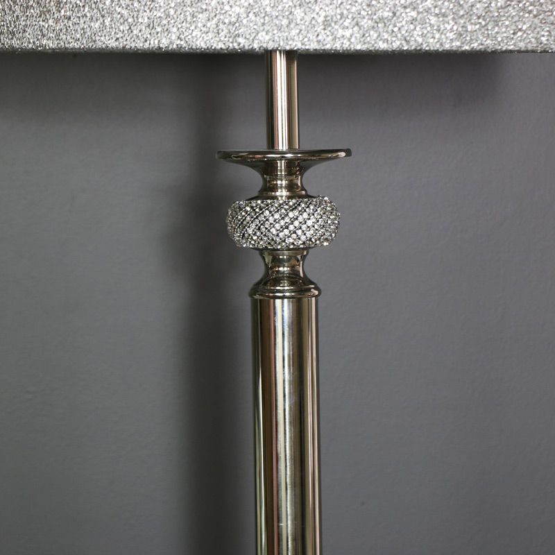 Tall Polished Silver Diamante Floor Lamp with Glitter Shade