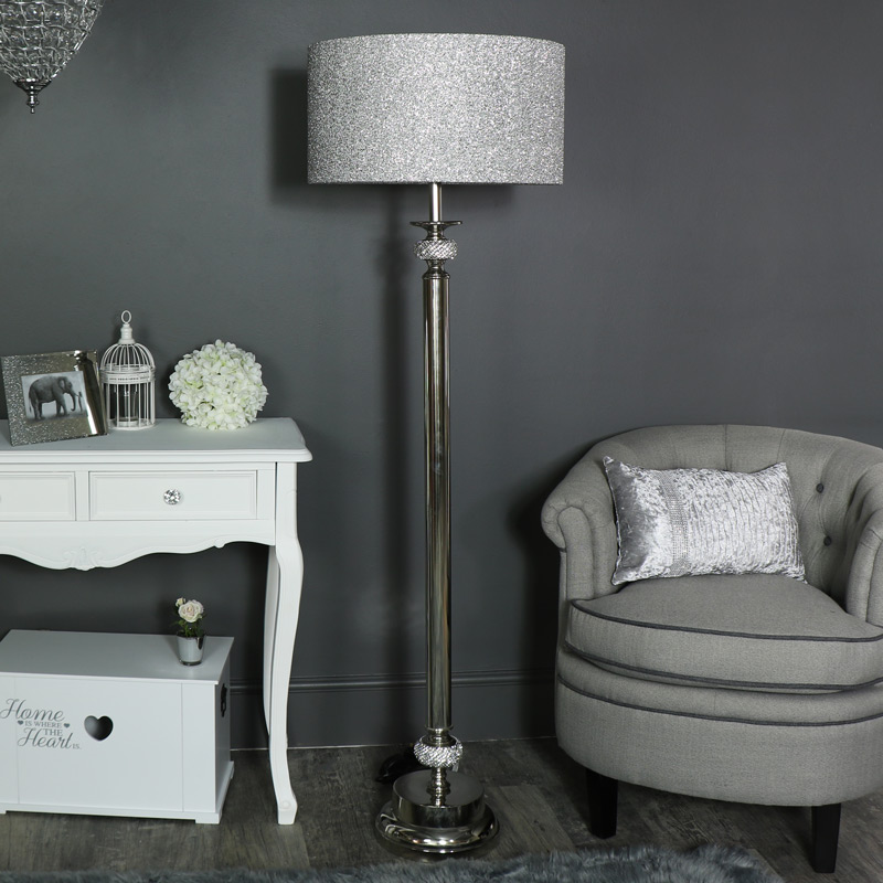 Tall Polished Silver Diamante Floor Lamp with Glitter Shade