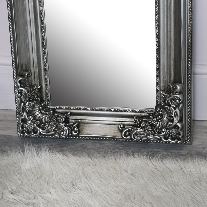 Tall Slim Silver Ornate Wall Mirror, Silver Baroque Mirror