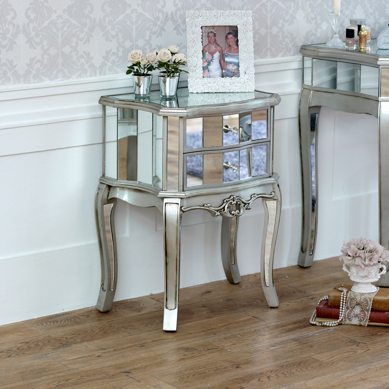 A small bedside table is perfect if you simply need somewhere to place your phone. mirrored 2 drawer bedside lamp table tiffany range