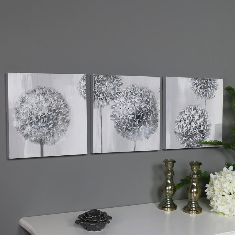 Triptych Wall Art Grey Flower Canvas Print