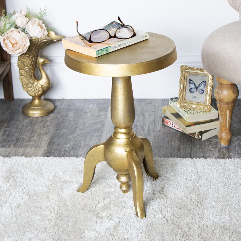 Vintage Distressed Vintage Gold Pedestal Side Table