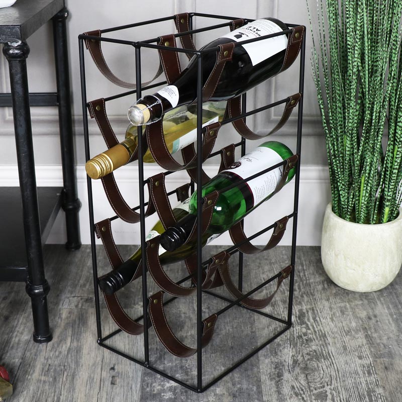 Black metal Leatherette 10 bottle Wine Rack