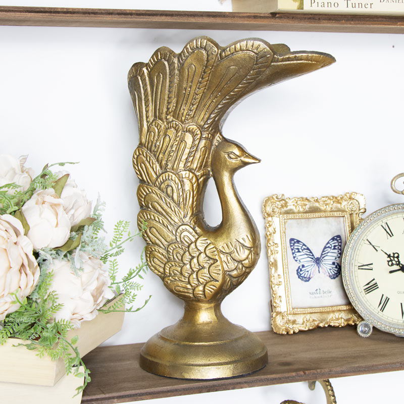 Vintage Gold Metal Peacock Vase