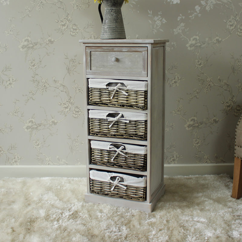 Vintage Grey Range - One Drawer with Four Wicker Baskets Tall Storage Unit