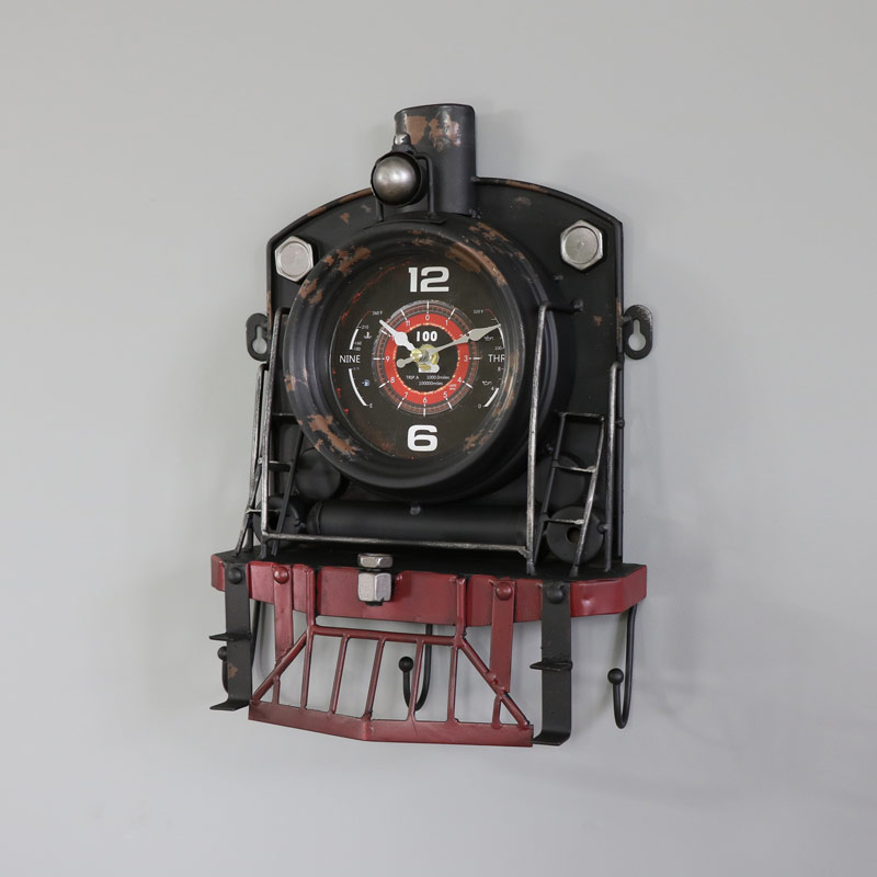 Vintage Railway Steam Train Wall Clock with Hooks