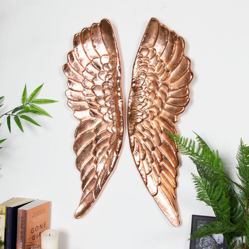 Copper Decorative Wall Mountable Angel Wings - Rose Gold Metal Wall Art Uk