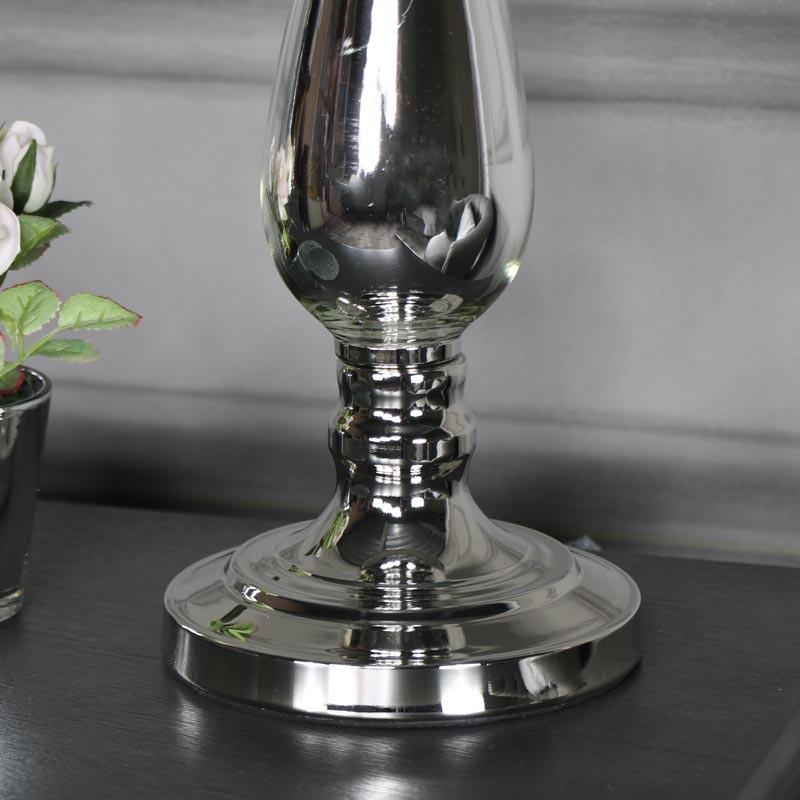 Vintage Silver Chrome and Glass Table Lamp with Grey Shade