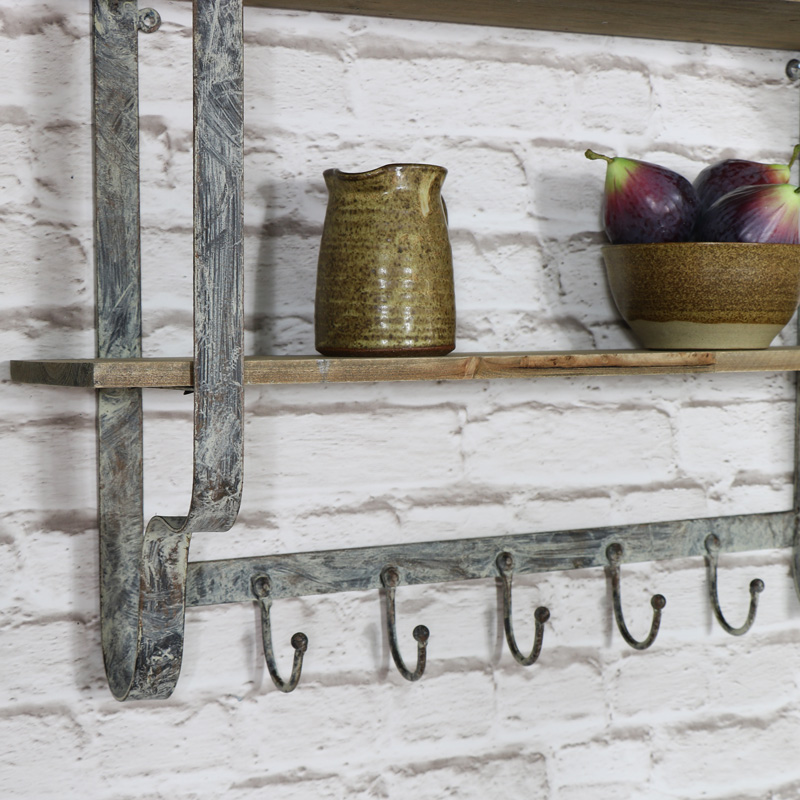 Wall Mounted Wooden Wall Shelf with Hooks