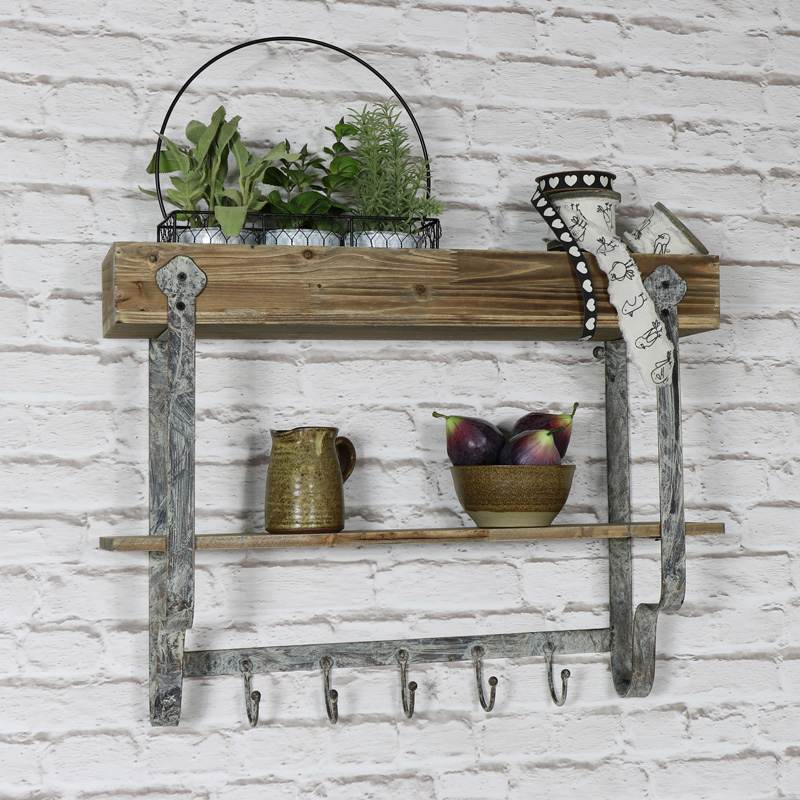 Wall Mounted Wooden Wall Shelf with Hooks