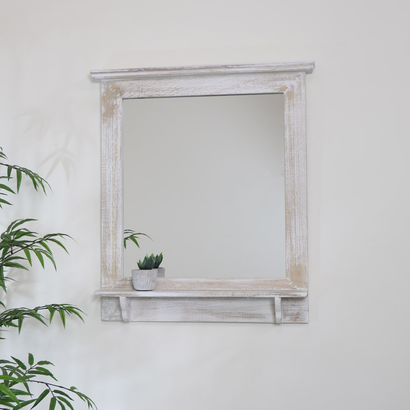 Washed Wooden Frame Wall Mirror 62cm X 70cm, Mirrors With White Wood Frames