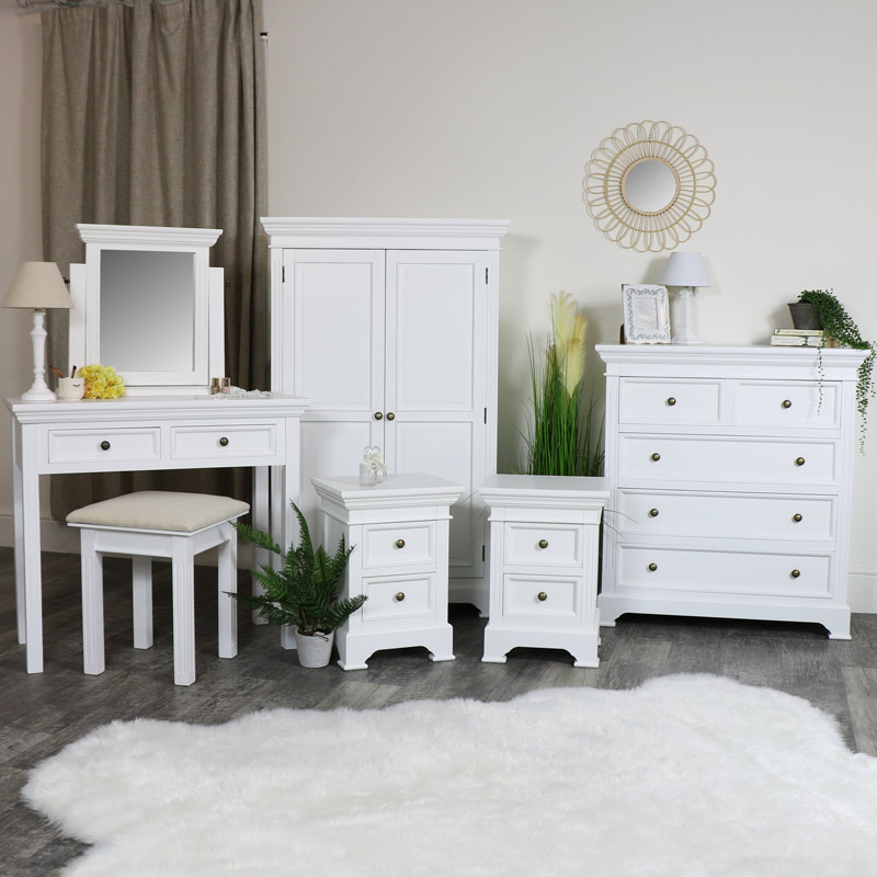 white bedroom furniture, linen closet / low wardrobe, chest of drawers,  dressing table set and pair of bedside chests - daventry white range