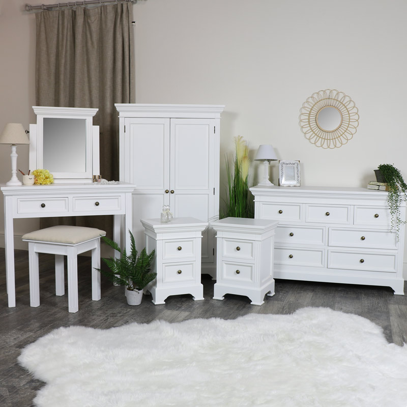 White Bedroom Furniture Linen Closet Low Wardrobe Chest Of Drawers Dressing Table Set And Pair Of Bedside Chests Daventry White Range