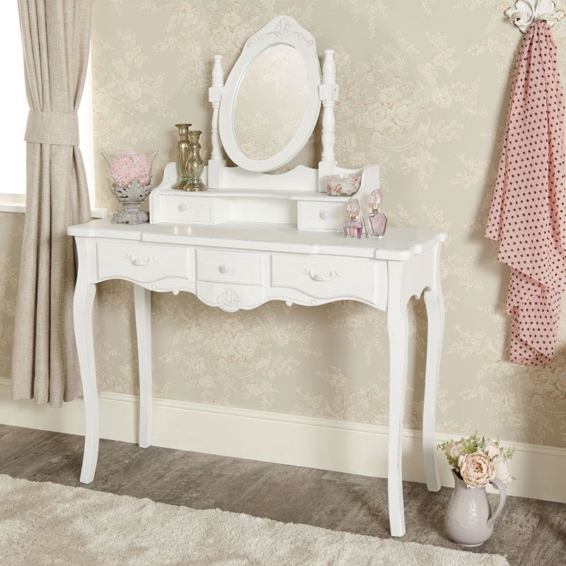 White Dressing Table And Vanity Mirror, Vintage White Vanity