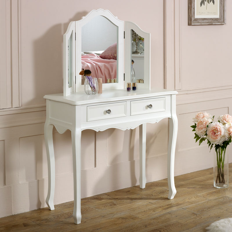 White Dressing Table Mirror Set, White Wooden Tabletop Vanity Mirror Drawer