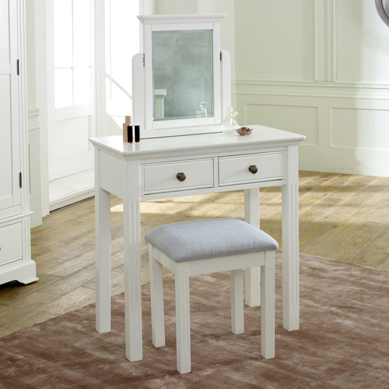 White Wooden Dressing Table Mirror, Vanity Table Mirror And Stool