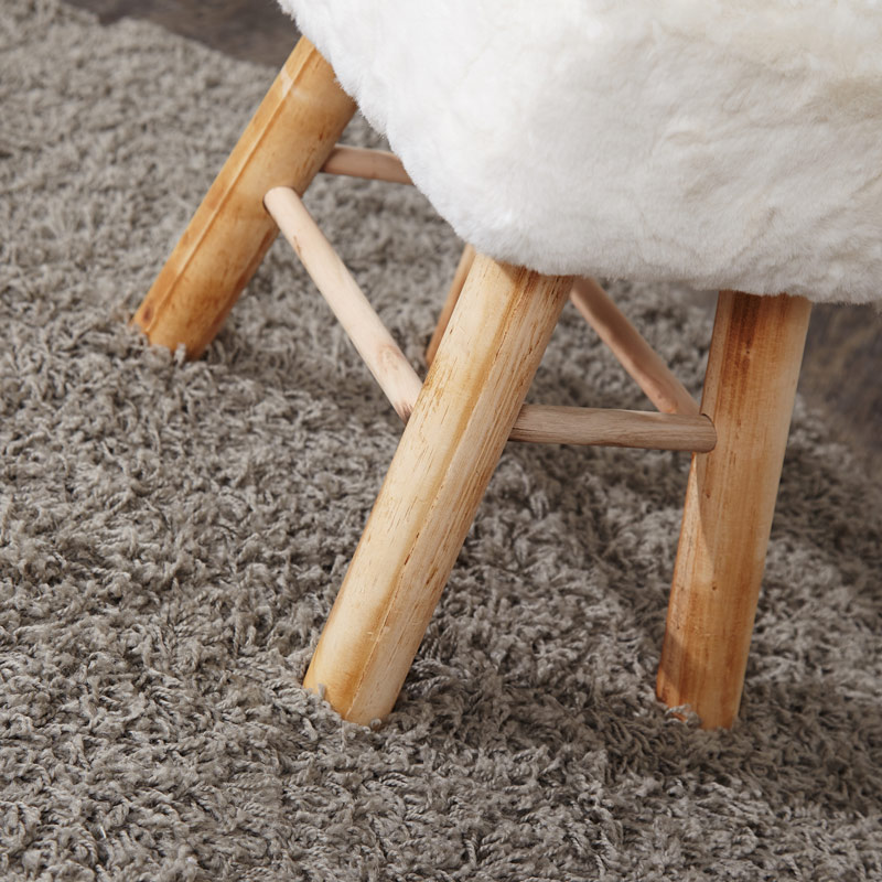 White Faux Fur Top Wooden Stool