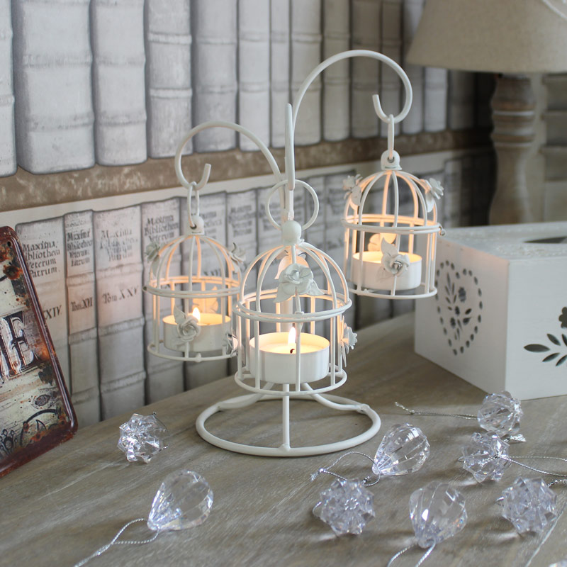 White Metal Triple Birdcage Tealight Holder