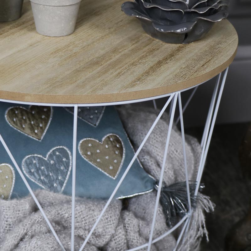 White Metal Wire Basket Wooden Top Side Table White Metal Wire Basket Wooden Top Side, White Side Table With Storage Basket