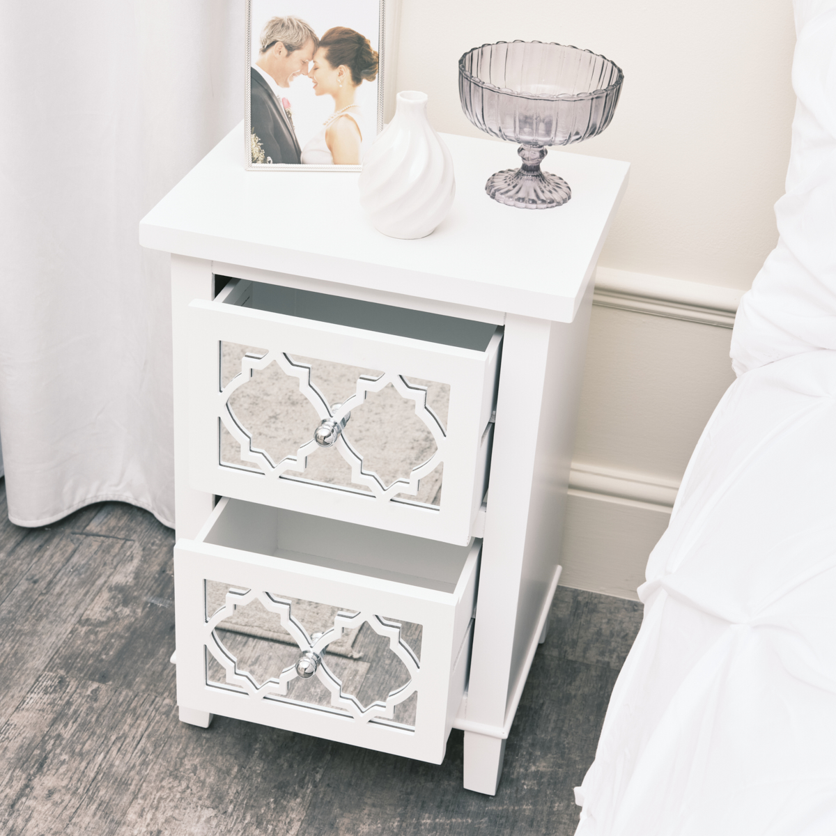 White Mirrored Bedside Table Sabrina White Range
