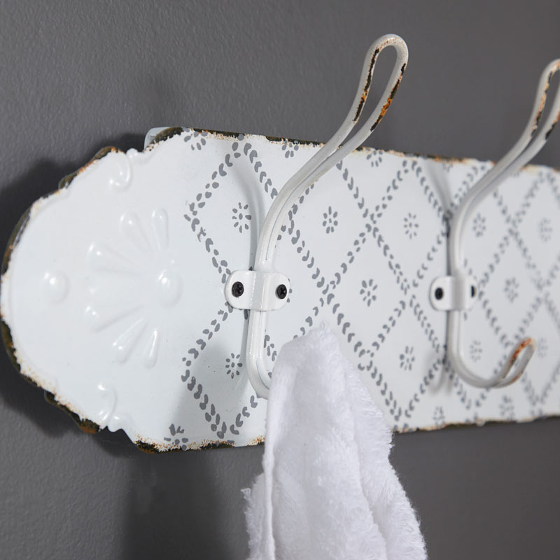 White Patterned Triple Coat Hooks