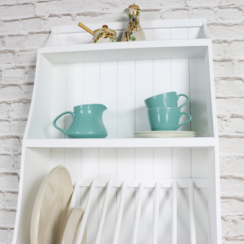 White Wall Mounted Wooden Plate Rack with Hooks