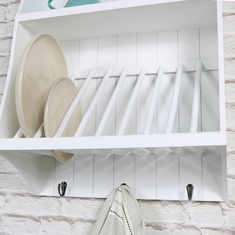 White Wall Mounted Wooden Plate Rack with Hooks