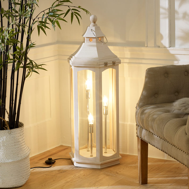 White Washed Wooden Lantern Floor Lamp Melody Maison