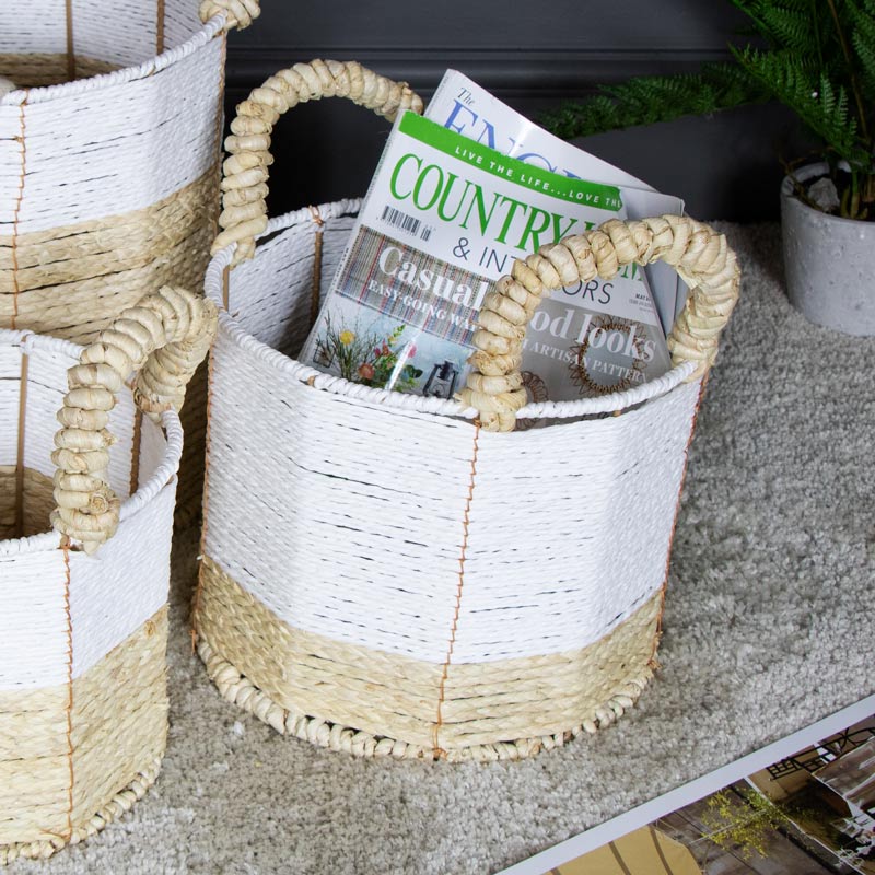 White Wicker Basket Storage Set