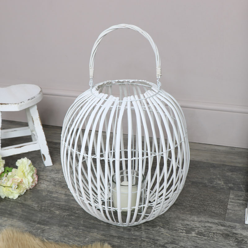 White Wicker Round Candle Lantern 