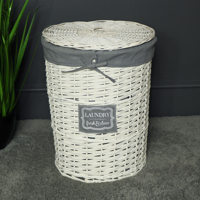 White Willow Wicker Basket Laundry Hamper, Round White Wicker Hamper