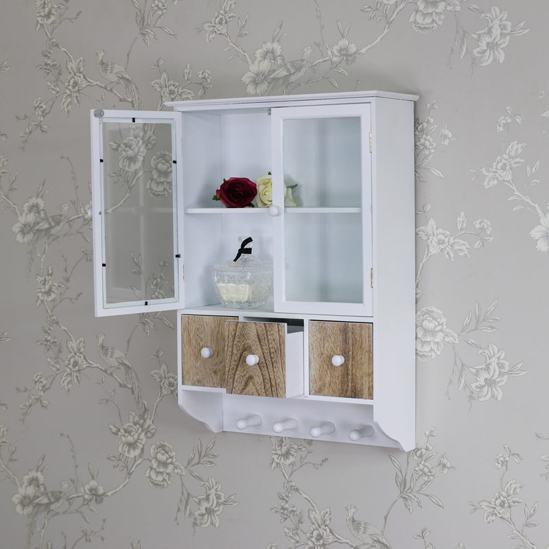 White Wooden Wall Cabinet with 3 Drawers and Hooks